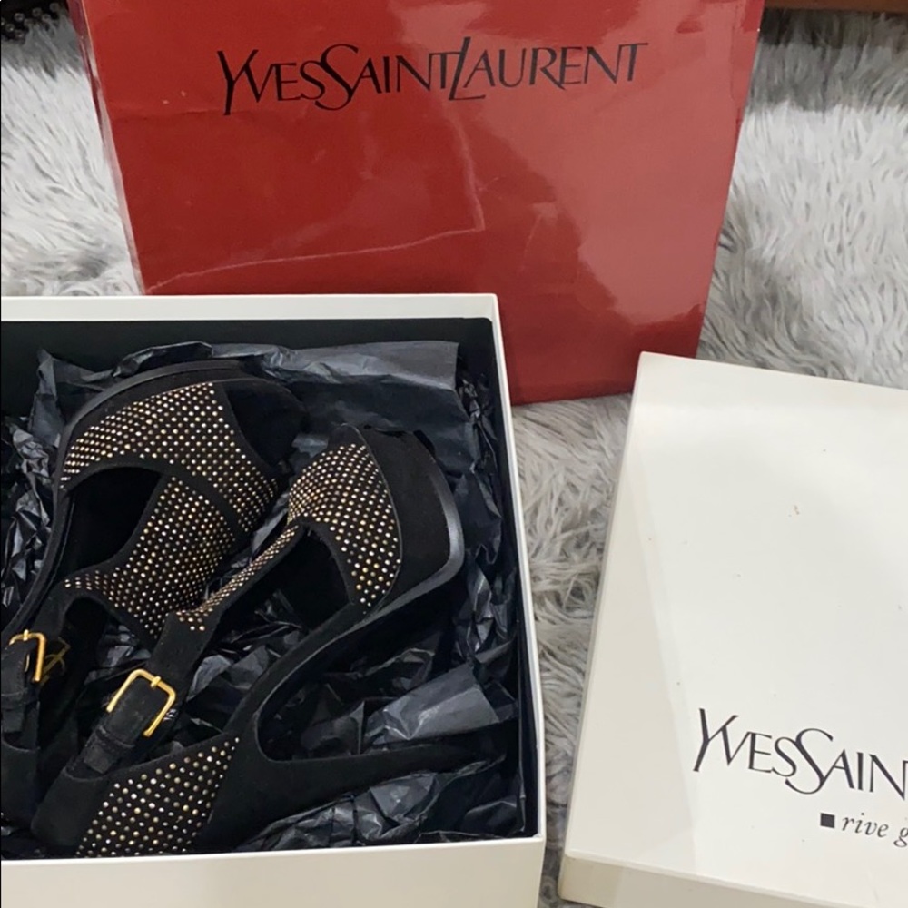 YSL gold studded black heels worn 3 times